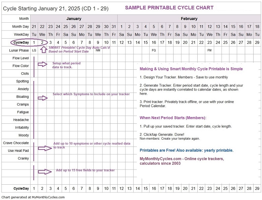 Sample printable cycle tracker